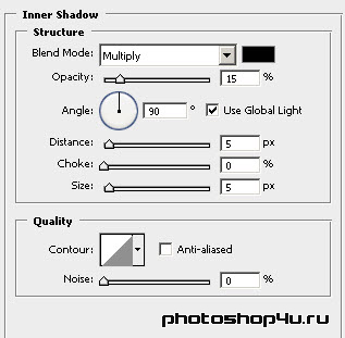 Параметры стиля Inner Shadow (Внутренняя тень) слоя