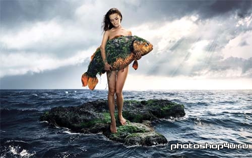 Шаблон для фотошоп - девушка на острове с рыбкой