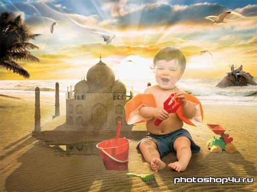 Детский шаблон для фотошоп - Малыш на пляже
