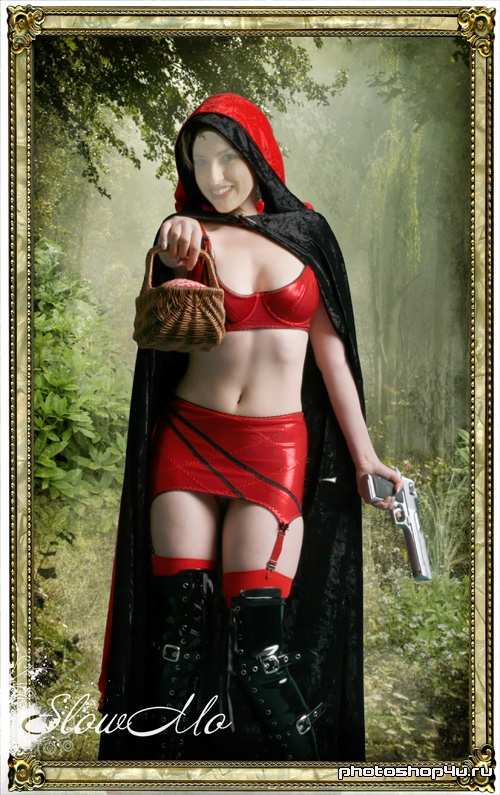 Женский шаблон для фотошопа - Красная шапочка с пистолетом