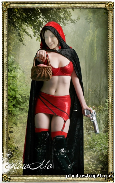 Женский шаблон для фотошопа - Красная шапочка с пистолетом