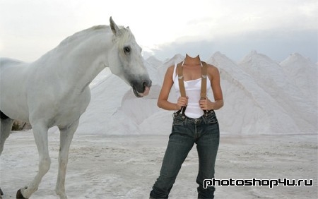 Шаблон для фотошопа - горы, девушка и лошадь