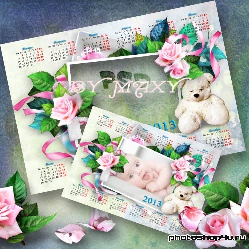 Шаблон календаря-рамки 2013 - Розы и пушистый мишка