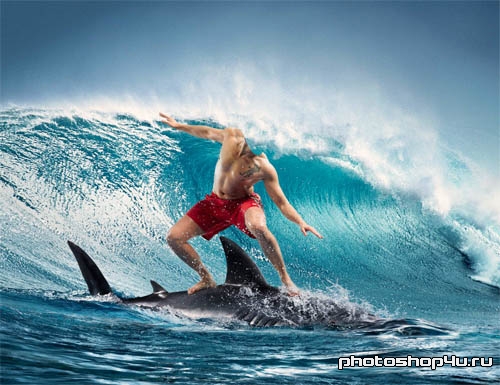 Шаблон для фотошопа в профиль - серфингист и акула