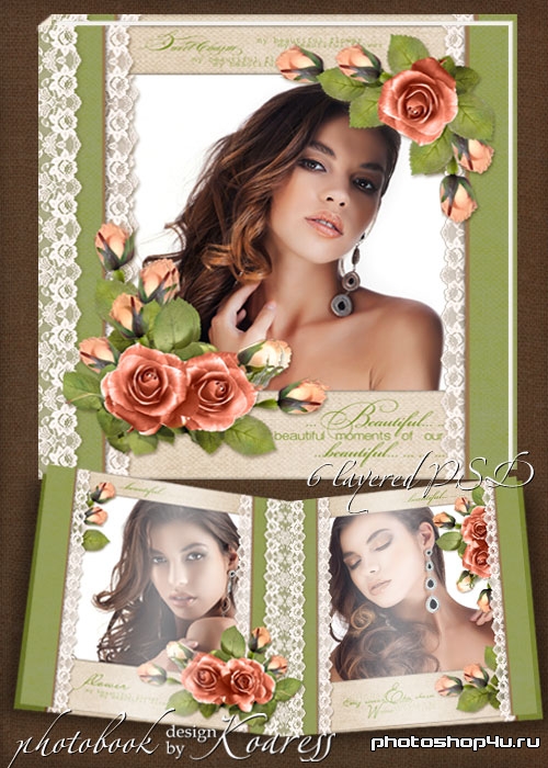 Шаблон романтической винтажной фотокниги для фотошопа - Очаровательные розы на нежном белом кружеве