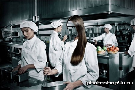 Брюнетка-повар профессиональной кухни - шаблон для фотомонтажа