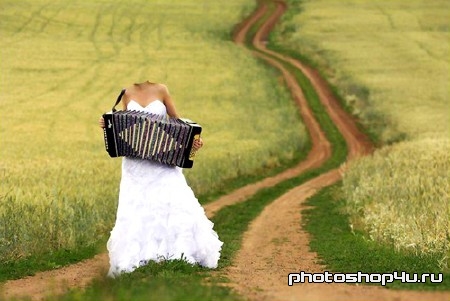 Шаблон для фотошопа - В свадебном платье в поле, играя на аккордеоне