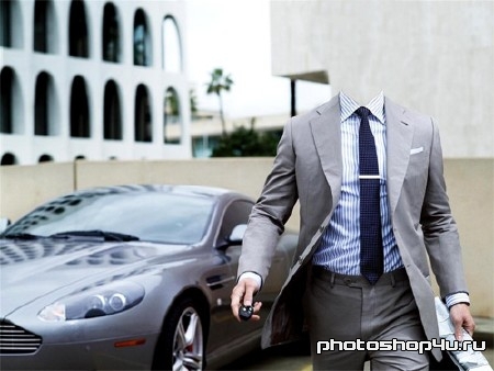 Шаблон для фотошопа - Бизнесмен в костюме на дорогом Maserati