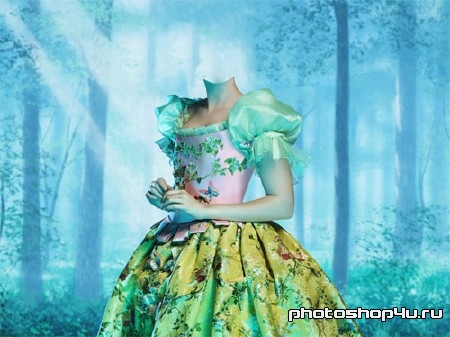 Шаблон для photoshop - Милая Белоснежка в ярком платье в лесу