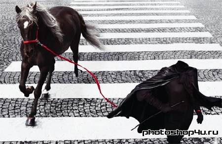 Шаблон для девушек - Прогулка с шикарной вороной лошадью в городе