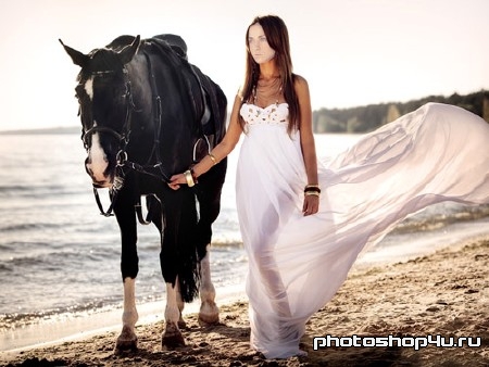 Шаблон для фотошопа - Брюнетка с лошадью возле океана