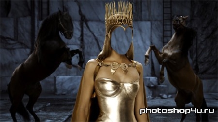 Шаблон женский - Королева в короне на фоне лошадей
