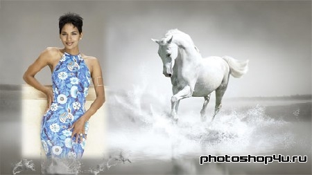 Рамка для фотошопа - Белая лошадь, бегущая по воде