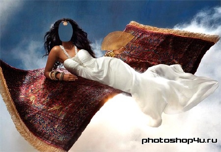 Шаблон psd женский - Брюнетка в белом платье на сказочном ковре