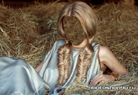 Шаблон для фотошопа - Девушка с бесподобными косами лежит на сене