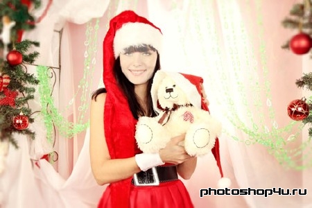 Шаблон для photoshop - Брюнетка в красном костюме снегурочки с мишкой у елки