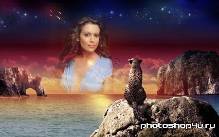  Рамка для фотошоп - Леопард на закате у моря любуется вашей фотографией 