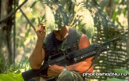  Шаблон для фотомонтажа - Солдат с оружием и сигарой в Джунглях 