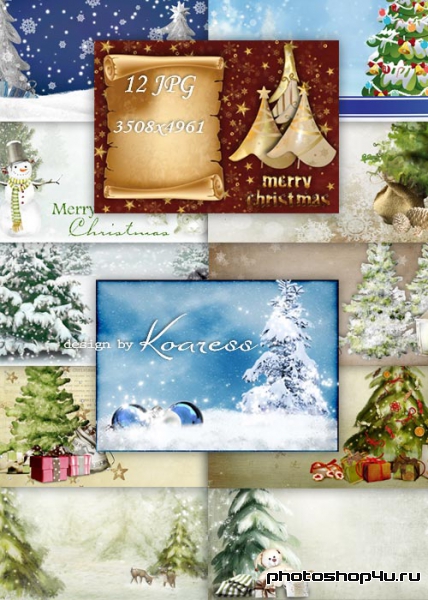 Новогодние и рождественские фоны с елками, снеговиками, украшениями