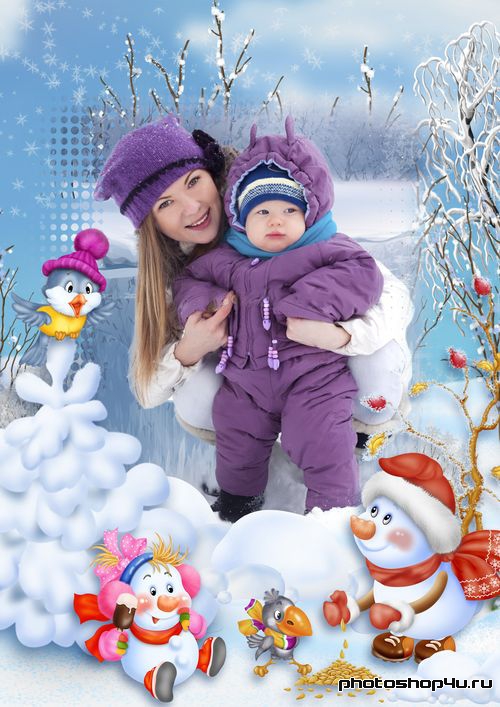 Зимняя детская рамка для фото - Прогулка со снеговичками